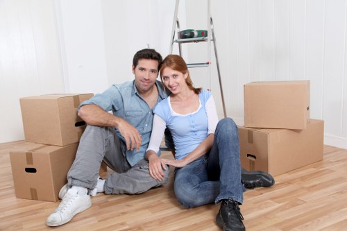 Packed office items labeled for a smooth commercial move in Westend